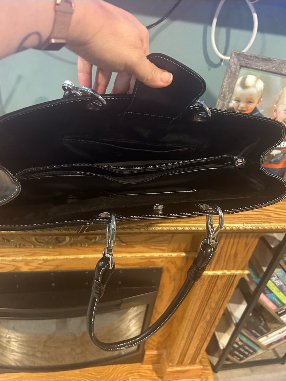 Wilsons Leather Black Tote with White Stitching and Orange Logo Accent - Picture 4 of 7